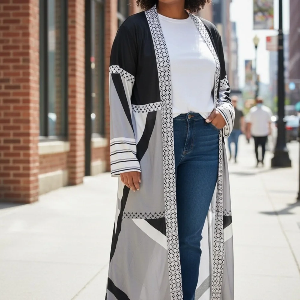 Elegant Black and White Women's silky coat Wrap - Picture 6 of 8